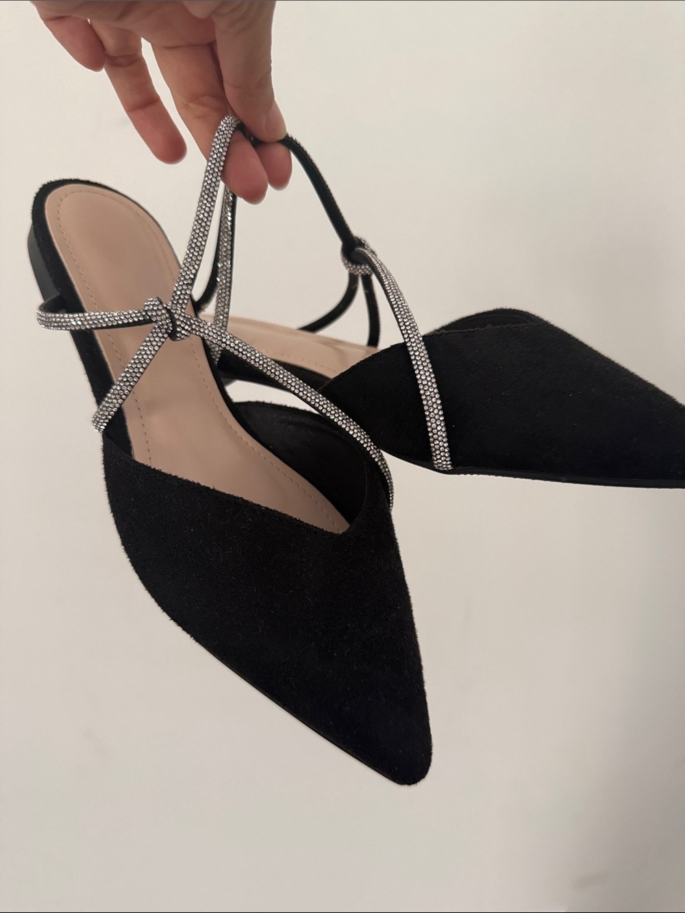 Women's Black suede Pointed Toe Slip-On flats Mules with Silver diamond Strap